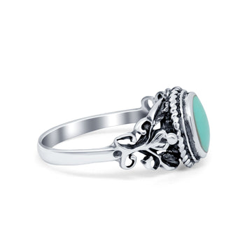 Oval Simulated Turquoise CZ Ring Vintage Antique Style Round 925 Sterling Silver